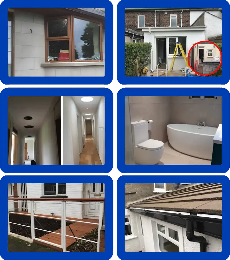 6 Images, Double Glazing, Hosue Extension, Sun Tunnels in Hallway, Bath and Toilet, Steel and Timber Ballustrade,  PVC Gutters